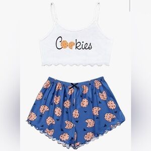 NWOT White/Blue Cookie Tank Top and Shorts Pajama Set, Size Large